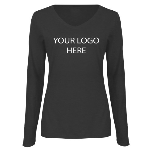 Womens Dark Heather Long Sleeve V Neck Tee -Blank Logo