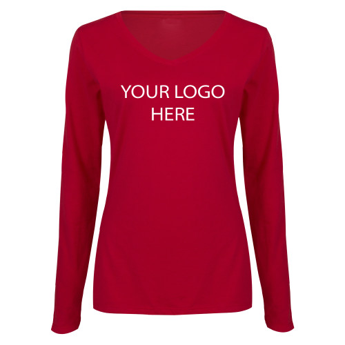 Womens Cardinal Long Sleeve V Neck Tee -Blank Logo