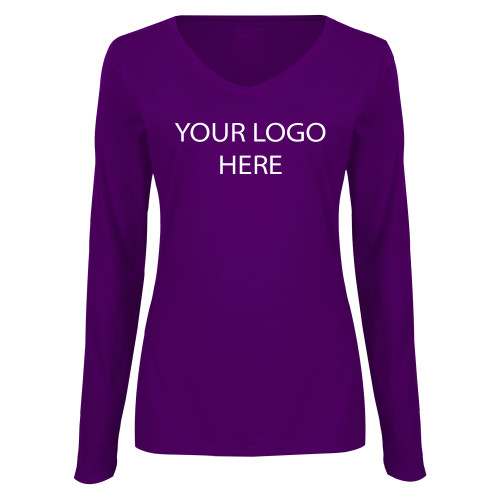 Womens Purple Long Sleeve V Neck Tee -Blank Logo