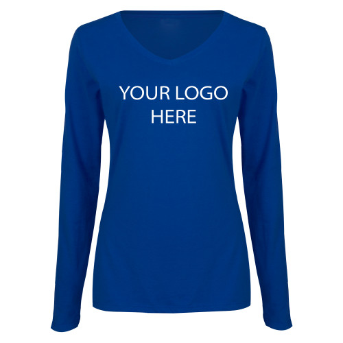Womens Royal Long Sleeve V Neck Tee -Blank Logo