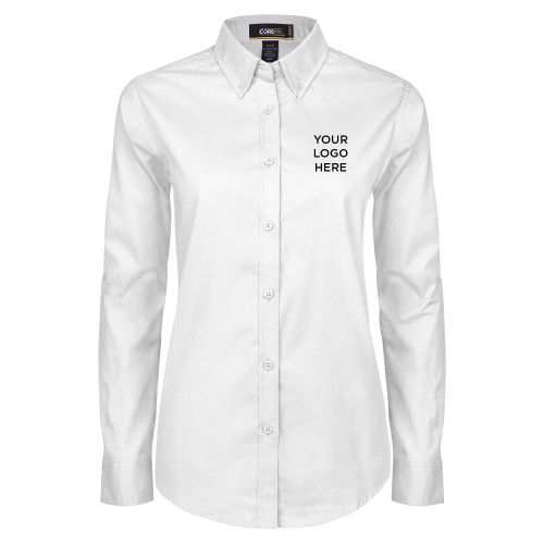 Womens White Twill Button Down Long Sleeve -Blank Logo