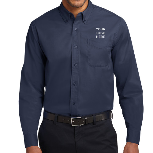 Navy Twill Button Down Long Sleeve-Blank Logo