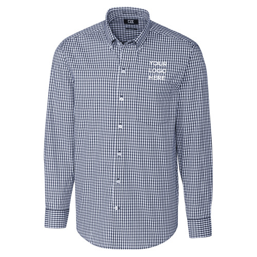Cutter & Buck Navy Gingham Long Sleeve Button Down-Blank Logo