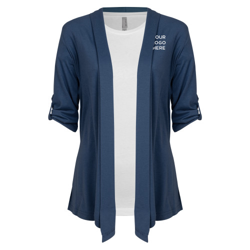 Womens Navy Drape Front Cardigan Sweater -Blank Logo