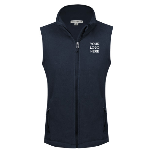 Womens Navy Fleece Full Zip Vest-Blank Logo