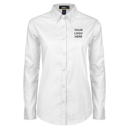 Womens White Twill Button Down Long Sleeve-Blank Logo