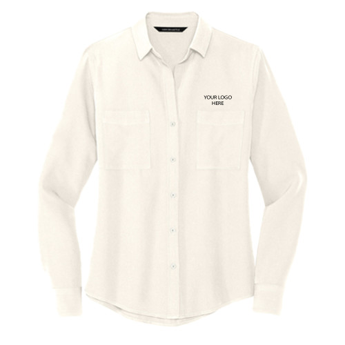 Mercer + Mettle Womens Ivory Crepe Long Sleeve Camp Blouse-Blank Logo