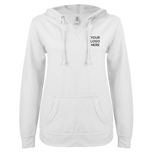 ENZA Womens White V Notch Raw Edge Fleece Hoodie-Blank Logo