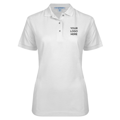 Womens Silk Touch White Pique Polo-Blank Logo