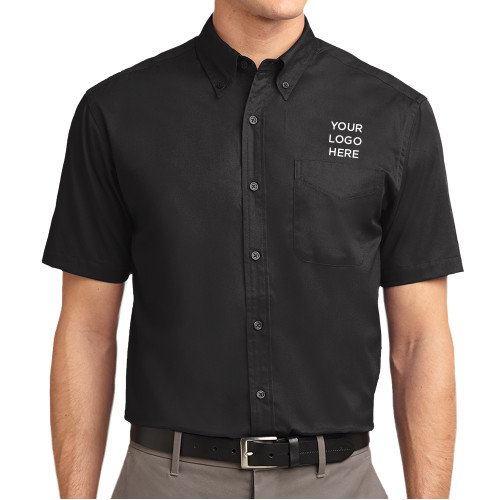 Black Twill Button Down Short Sleeve-Blank Logo