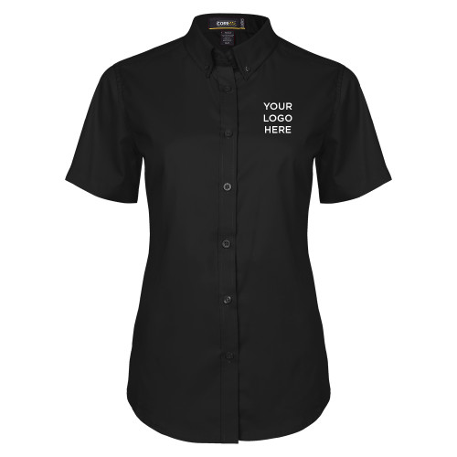 Womens Black Twill Button Up Short Sleeve-Blank Logo