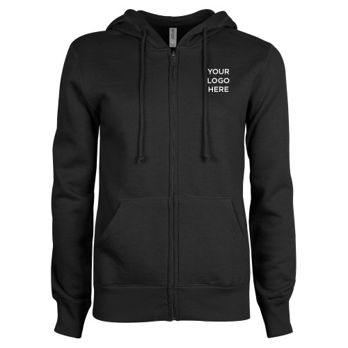 ENZA Womens Black Fleece Full Zip Hoodie-Blank Logo