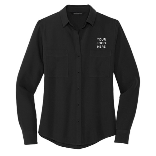 Mercer + Mettle Womens Black Crepe Long Sleeve Camp Blouse-Blank Logo