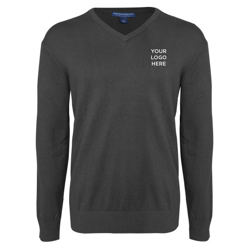 Charcoal Heather VNeck Sweater-Blank Logo