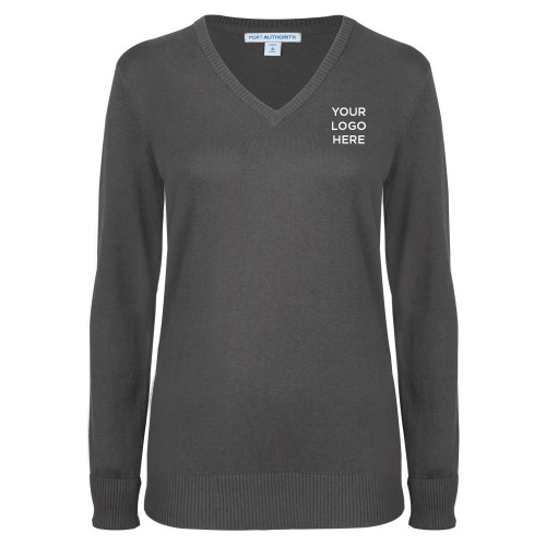Womens Charcoal Heather VNeck Sweater-Blank Logo