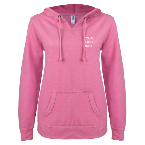 ENZA Womens Hot Pink V Notch Raw Edge Fleece Hoodie-Blank Logo