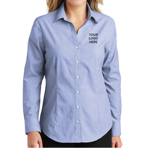 Womens Light Blue Poplin Crosshatch Long Sleeve Shirt -Blank Logo