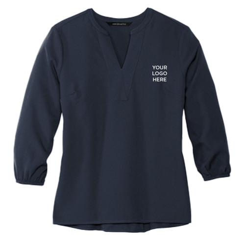 Mercer + Mettle Womens Navy 3/4 Sleeve Crepe Blouse-Blank Logo