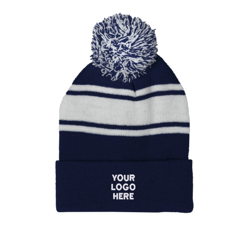 Navy/White Two Tone Knit Pom Beanie w/Cuff-Blank Logo