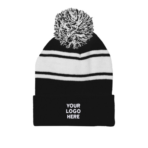 Black/White Two Tone Knit Pom Beanie w/Cuff-Blank Logo