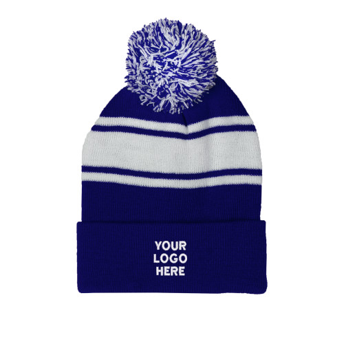 Royal/White Two Tone Knit Pom Beanie w/Cuff-Blank Logo