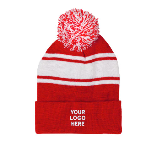 Red/White Two Tone Knit Pom Beanie w/Cuff-Blank Logo