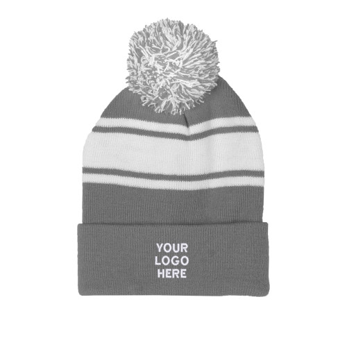 Grey/White Two Tone Knit Pom Beanie w/Cuff-Blank Logo