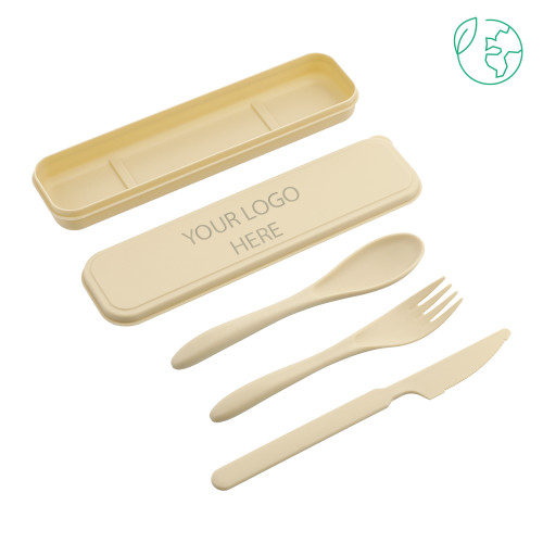 Bamboo Fiber Beige Cutlery Set-Blank Logo Engraved