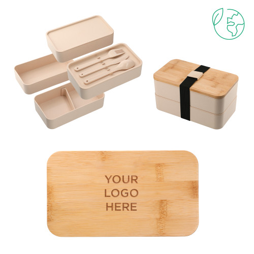 Stackable Bamboo Fiber Beige Bento Box-Blank Logo Engraved