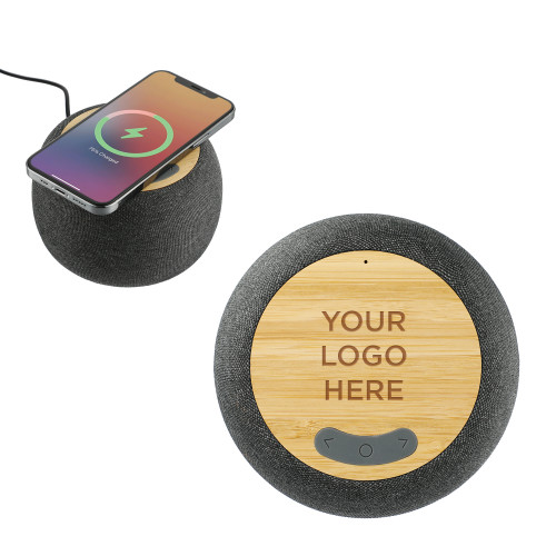 Garm Fabric & Bamboo Speaker with Wireless Charging-Blank Logo Engraved