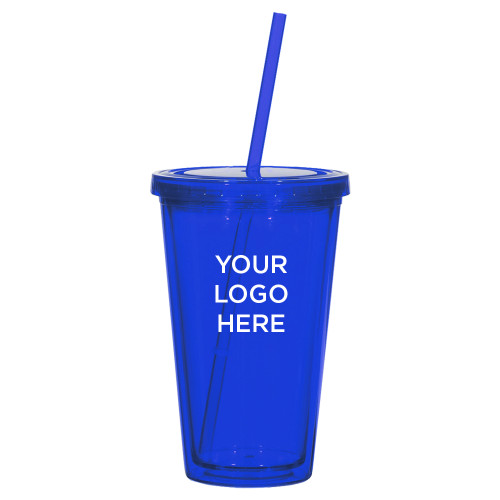 Madison Double Wall Blue Tumbler w/Straw 16oz-Blank Logo
