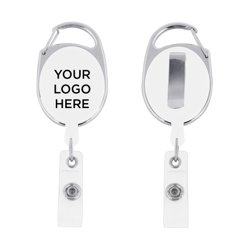 White Oval Retractable Badge Holder w/Clip-Blank Logo