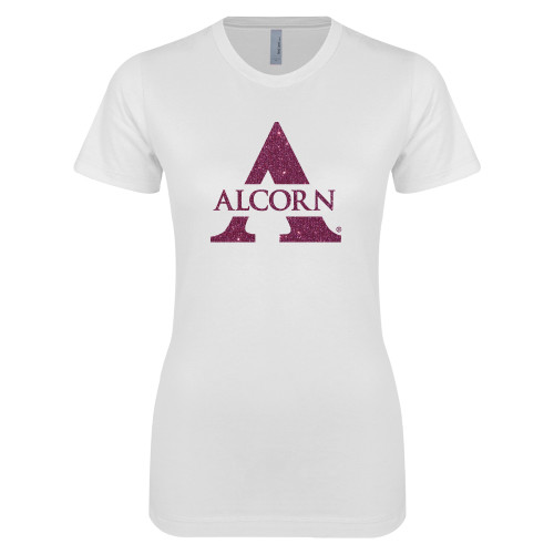  Next Level Womens White Boyfriend Tee - Alcorn A Glitter Pink Glitter