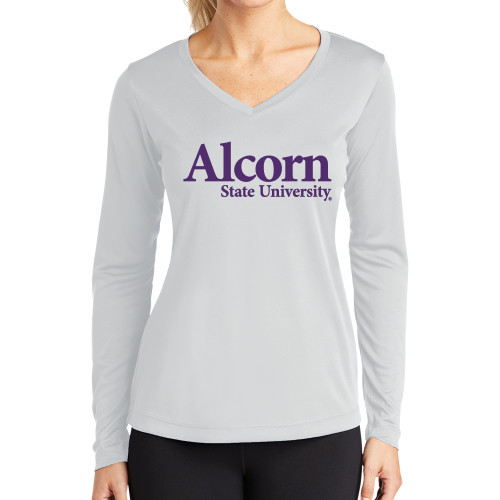  Womens White Performance Long Sleeve V Neck Shirt - Alcorn State University