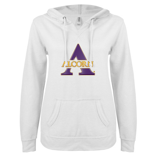 Alcorn ENZA Womens White V Notch Raw Edge Fleece Hoodie