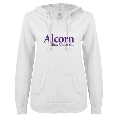  ENZA Womens White V Notch Raw Edge Fleece Hoodie - Alcorn State University