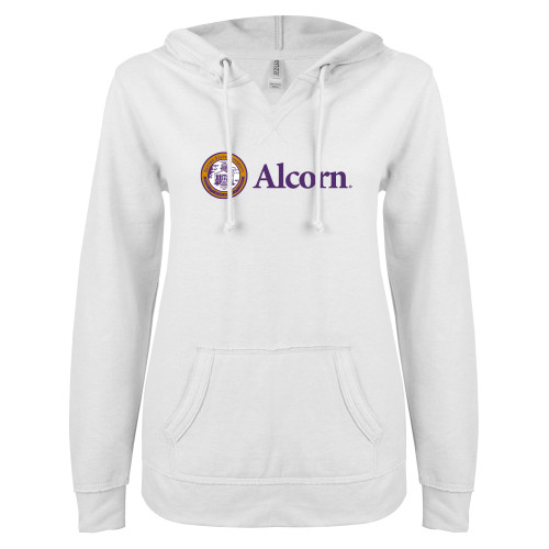  ENZA Womens White V Notch Raw Edge Fleece Hoodie - Alcorn