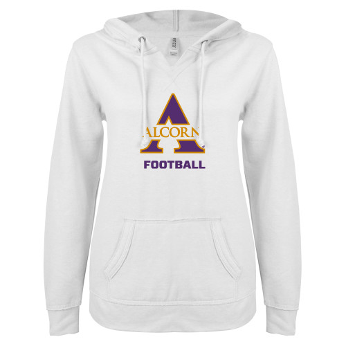  ENZA Womens White V Notch Raw Edge Fleece Hoodie - Alcorn Football