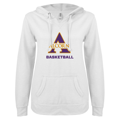  ENZA Womens White V Notch Raw Edge Fleece Hoodie - Alcorn Basketball