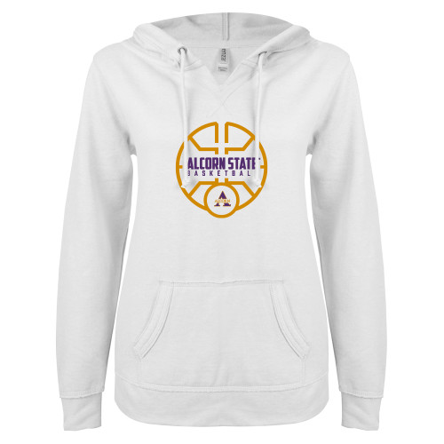  ENZA Womens White V Notch Raw Edge Fleece Hoodie - Alcorn State Basketball
