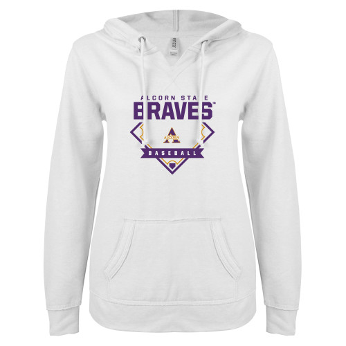  ENZA Womens White V Notch Raw Edge Fleece Hoodie - Alcorn State Baseball