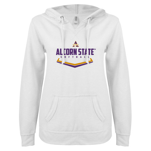  ENZA Womens White V Notch Raw Edge Fleece Hoodie - Alcorn State Softball