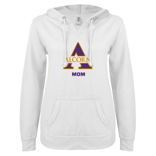  ENZA Womens White V Notch Raw Edge Fleece Hoodie - Alcorn Mom