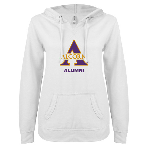  ENZA Womens White V Notch Raw Edge Fleece Hoodie - Alcorn Alumni