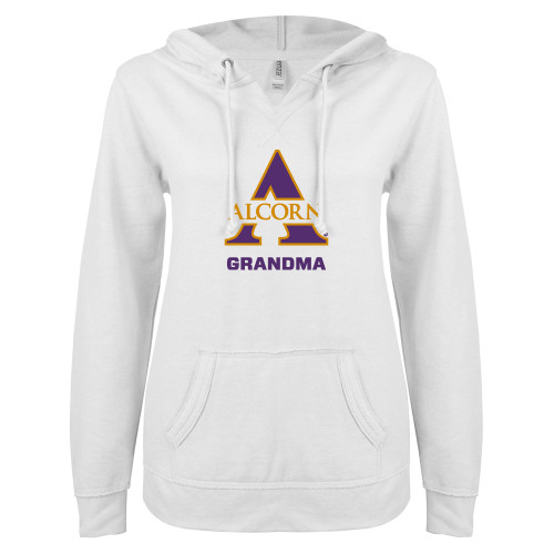  ENZA Womens White V Notch Raw Edge Fleece Hoodie - Alcorn Grandma