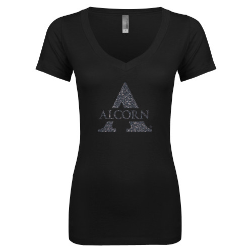  Next Level Womens Black Ideal V Tee - Alcorn A Glitter Graphite Soft Glitter