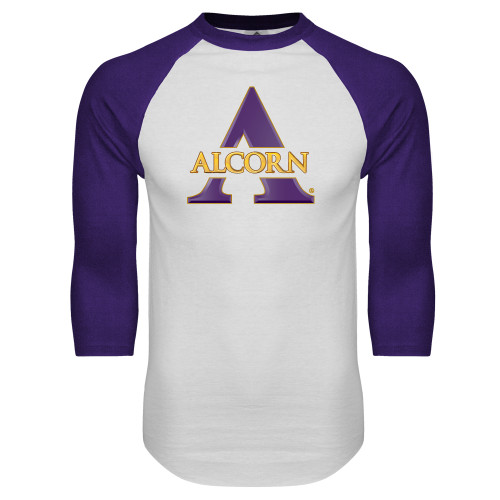  White/Purple Raglan Baseball T Shirt - Alcorn A