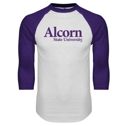  White/Purple Raglan Baseball T Shirt - Alcorn State University