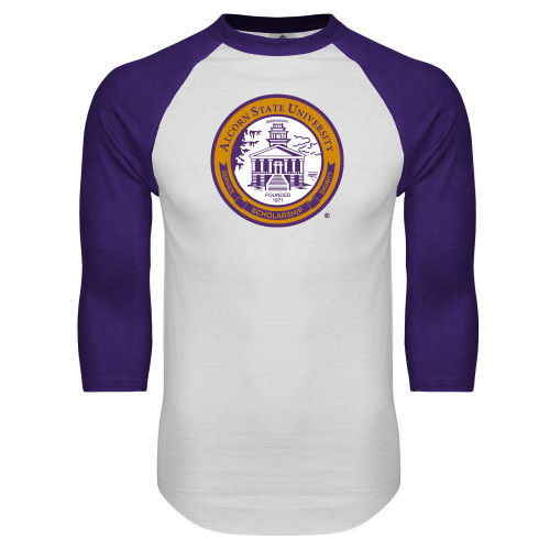  White/Purple Raglan Baseball T Shirt - Alcorn Seal
