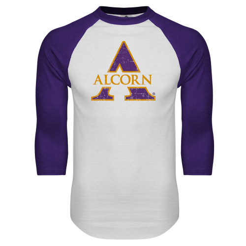  White/Purple Raglan Baseball T Shirt - Distressed Logo